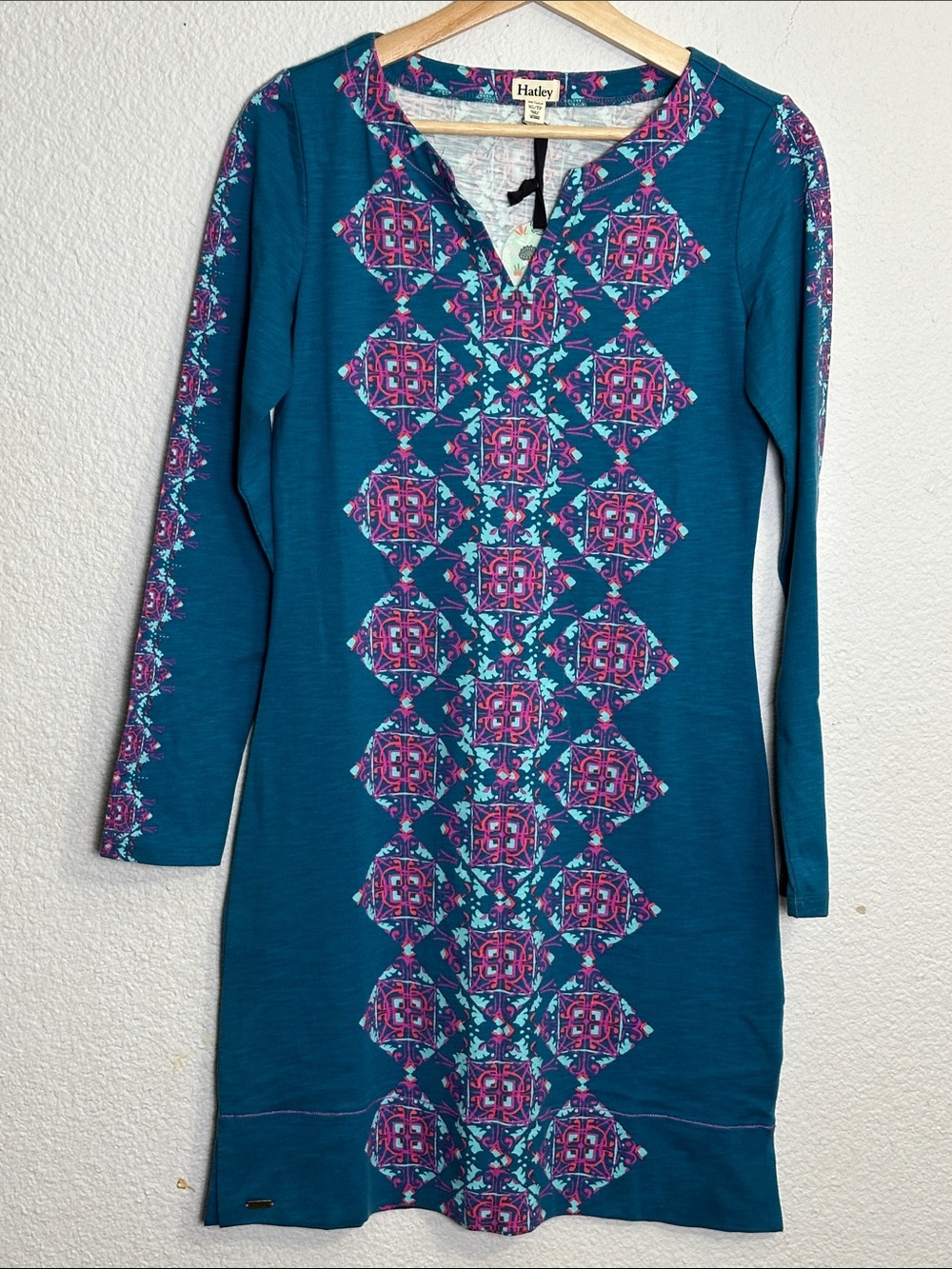 NEW Hatley Moroccan Long Sleeve Dress Teal Pink Notch Neck Womens XS